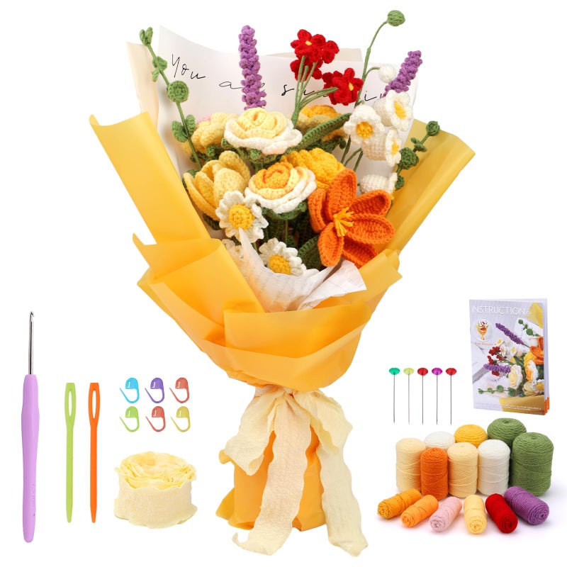 Iuuidu Crochet Kit for Beginners  Rose Flowers Bouquet Crochet Kit  Knitting Starter Kit with Crochet Yarn and Step-by-Step Instructions for Birthday  Mother's Day Wedding Anniversary Day Gifts - Image 1